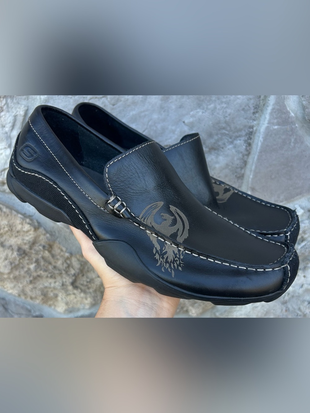 Rare Vintage Skechers Mens Black Leather Dragon Loafers Size 10 Y2K Fashion